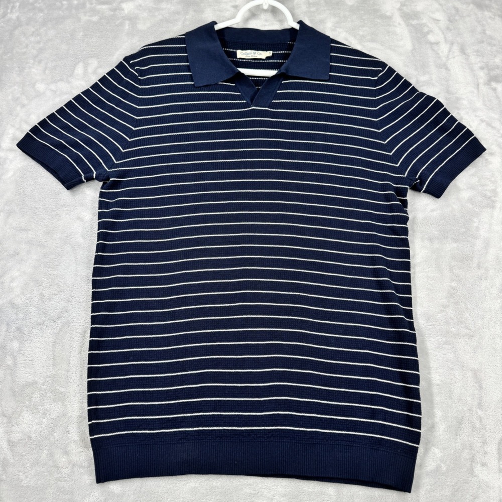 COLLARS & CO. Striped Knit Johnny Collar Polo Shirt Mens Small Navy Blue White